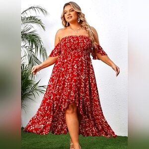 XXL Red Off the Shoulder High Low Dress
